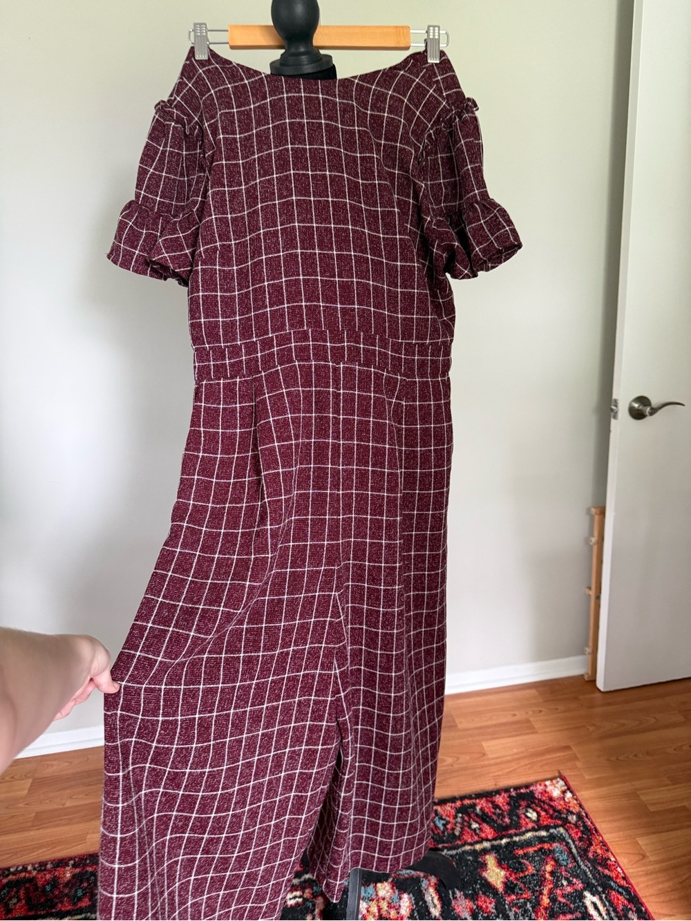 1901 Burgundy Plaid Jumpsuit with Ruffle Sleeves